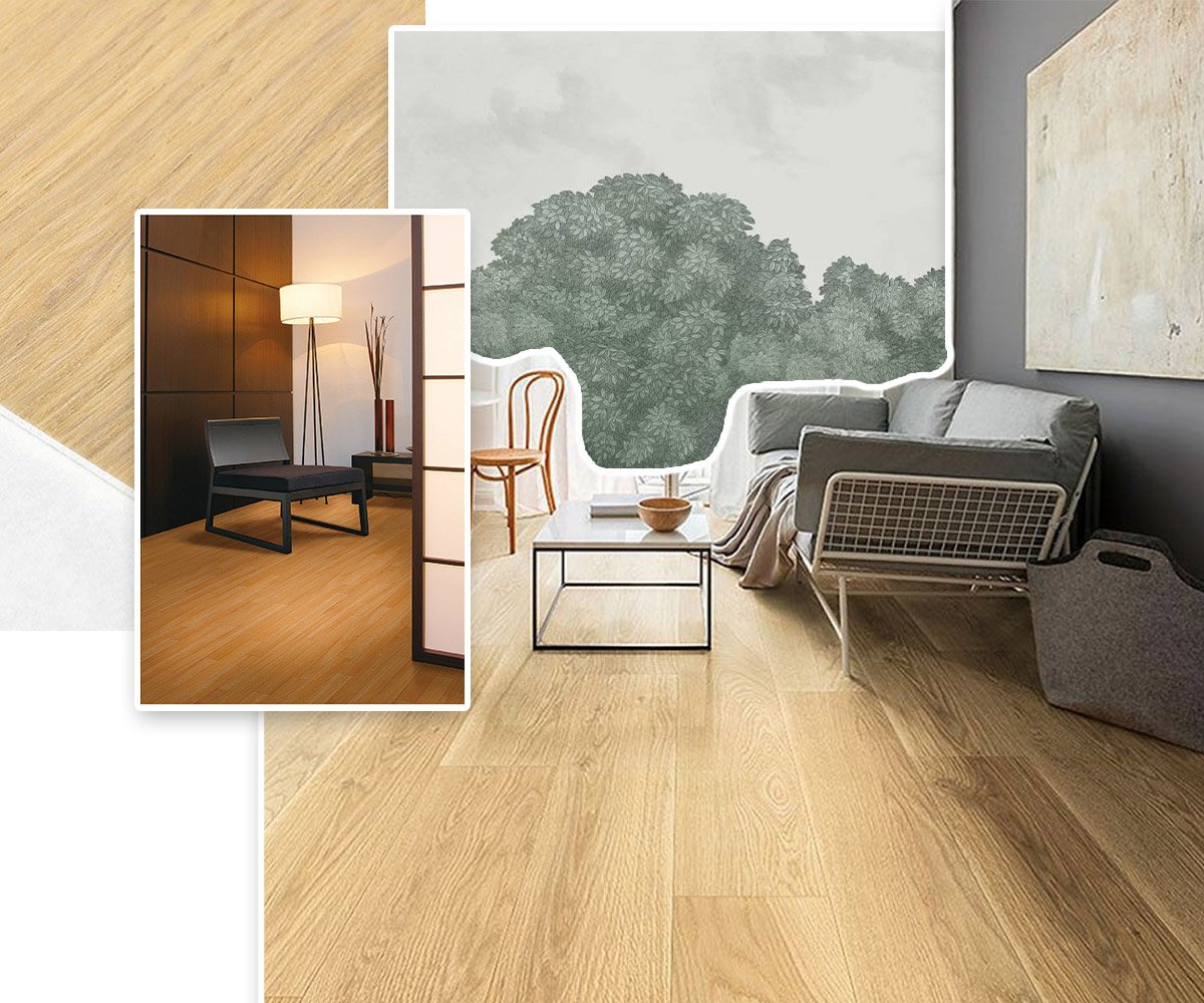 Combine floor decor with wallpaper