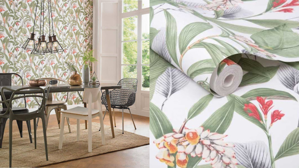 choose Paradise / Botanical Powder 103797 and this wallpaper design will soothe the eye and make your kitchen more comfortable with shades of fresh green leaves.