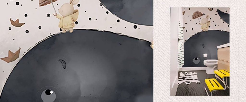 Rabbit on big whale for toilet wallpaper for kindergarten