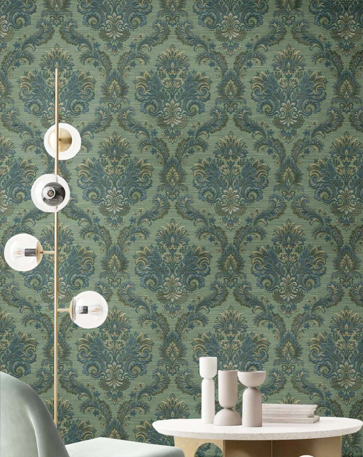 Perfect look of Living Room with Damask Wallpaper