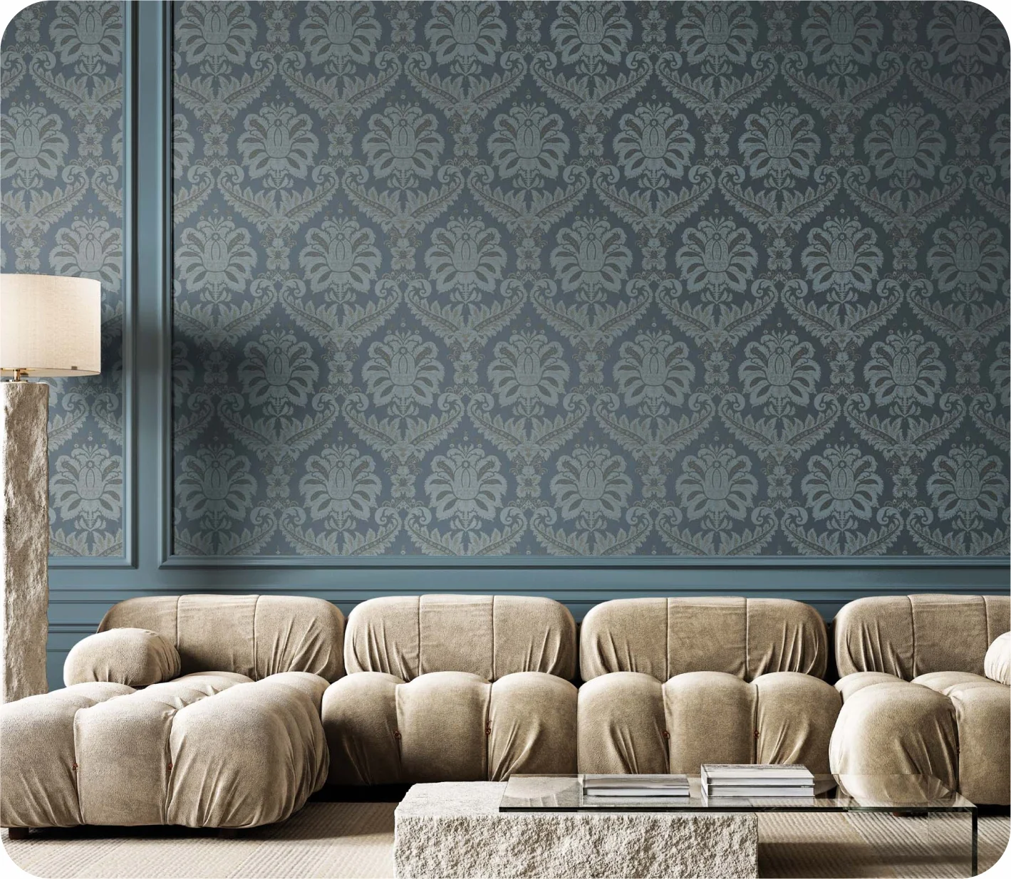 Perfect look of Living Room with Damask Wallpaper