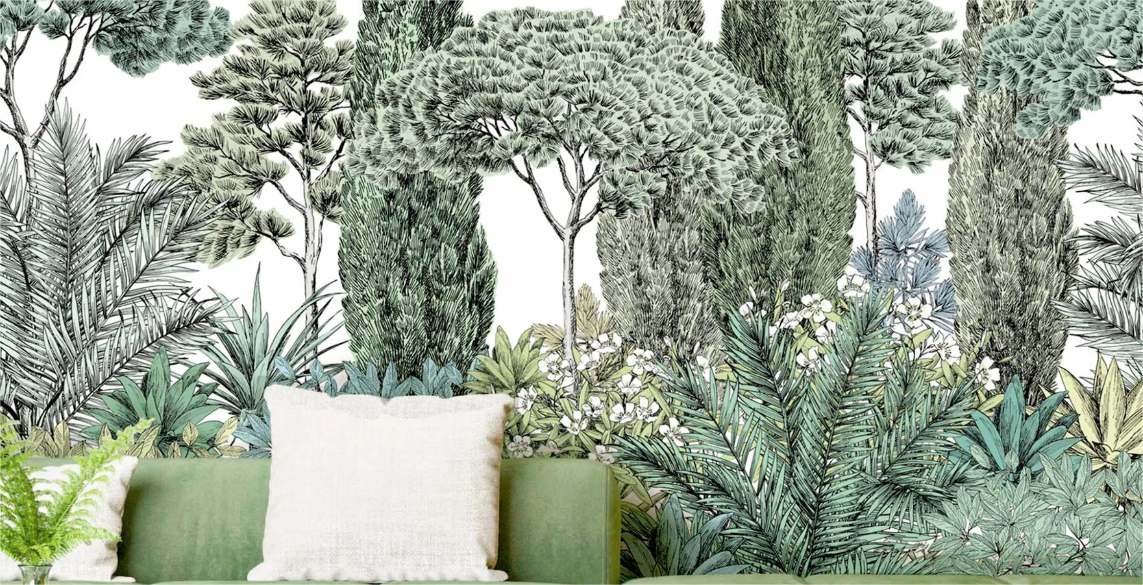 home interior with blue tropical wallpaper