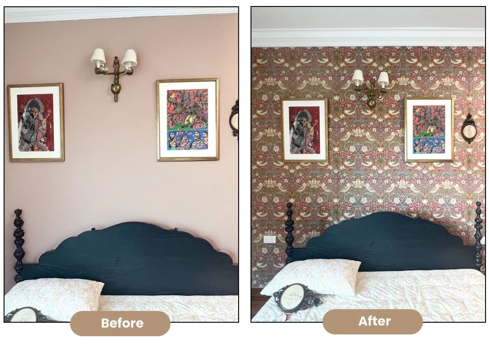 Plain bedroom wall transformed with floral patterned wallpaper