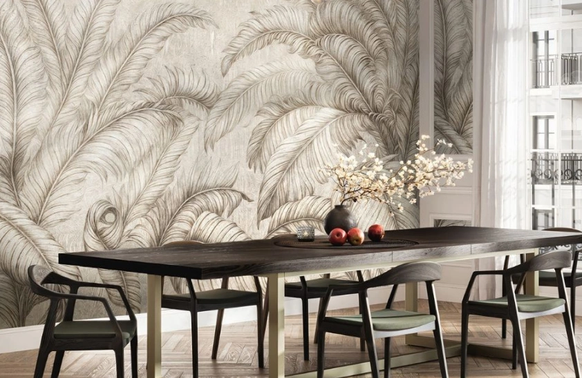Big mural leaf forest wallpaper at dining room