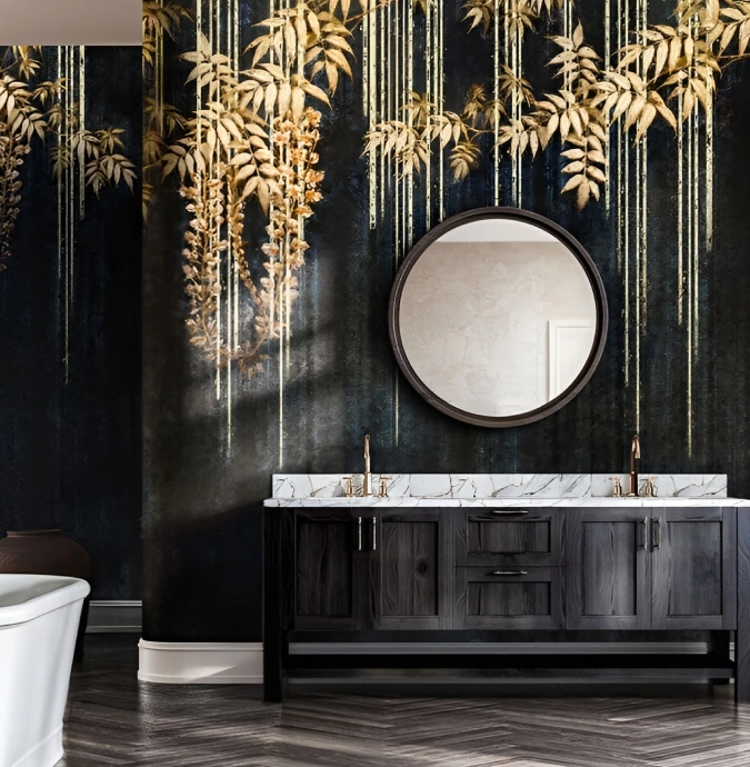 Classic bathroom interior with black gold floral mural wallpaper