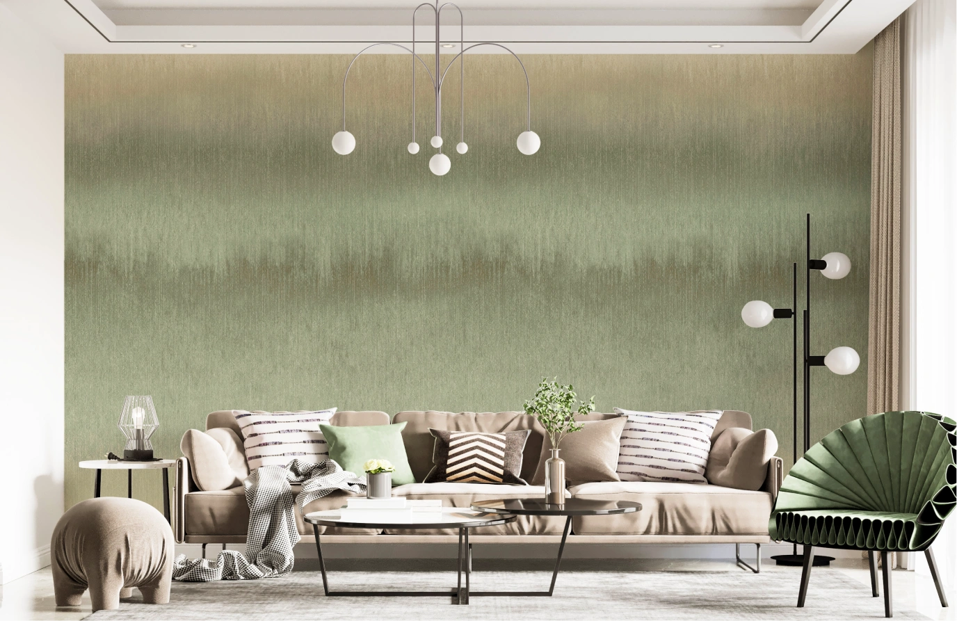 Green gradient wallpaper at living room area