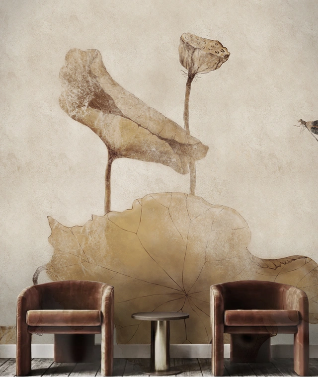 Big flower leaf mural with brown color