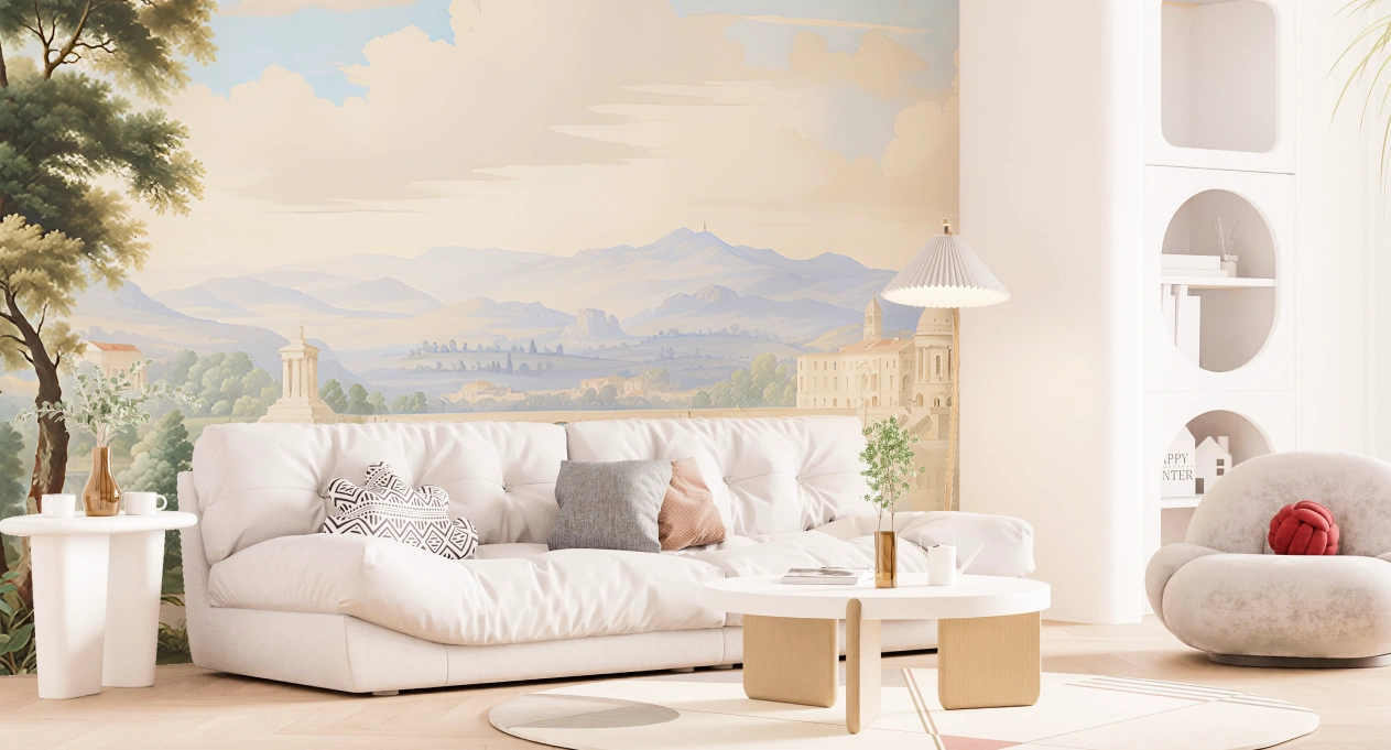 Classic soft landscape wallpaper for living room area
