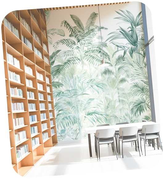 Library Ambience with Tropical Mural Wallpaper