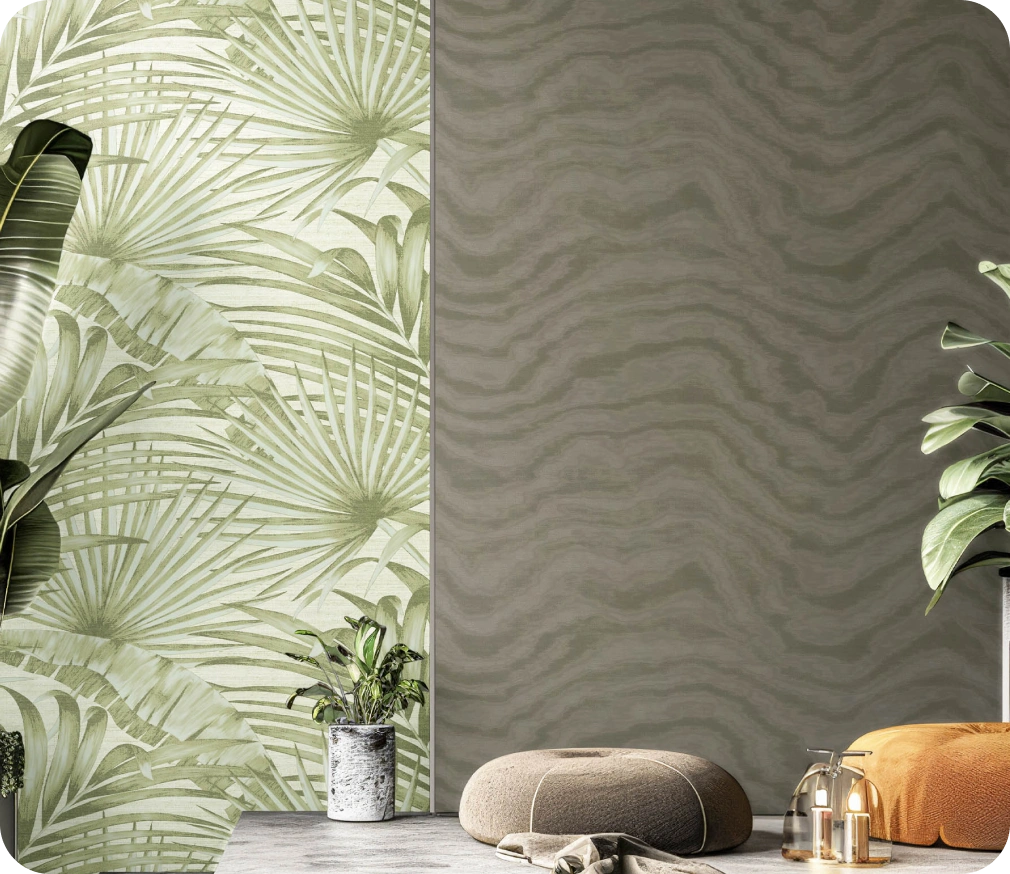 Brown waves and green tropical leaves wallpaper