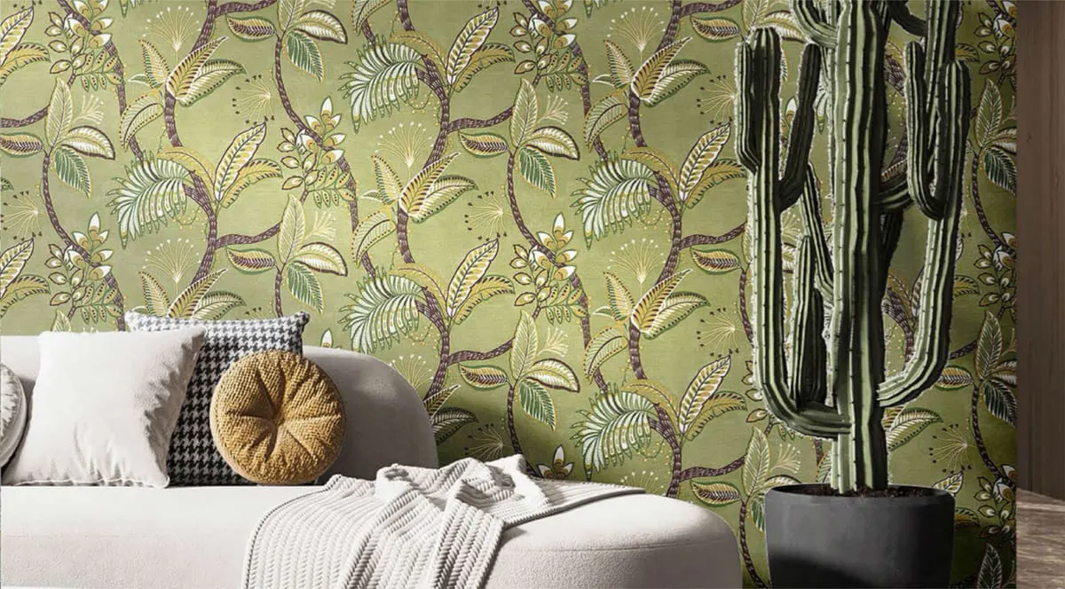Green tropical wallpaper at living room area