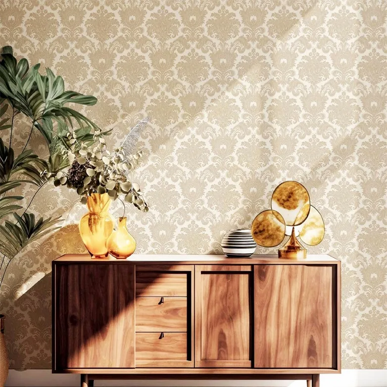 Living Room with brown geometric wallpaper
