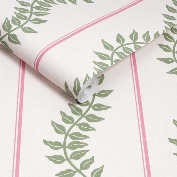 Graham & Brown | Laurel Leaf Stripe Pink & Green Wallpaper | 130292
