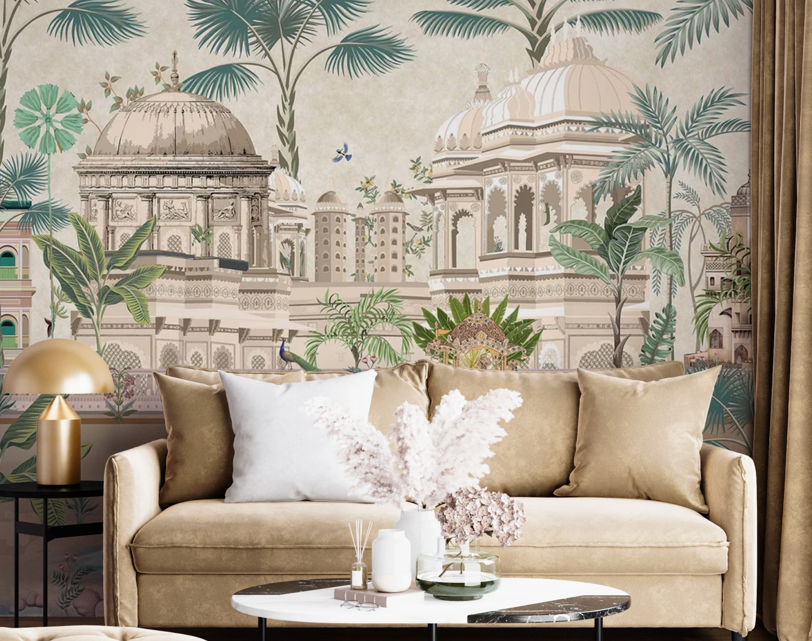 Elegant wallpaper indian motif at living room