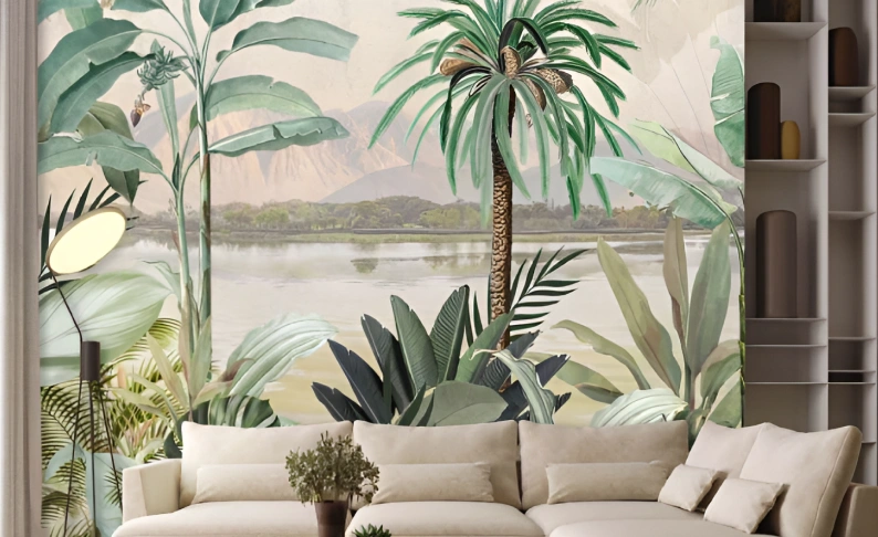 tropical wallpaper at living room
