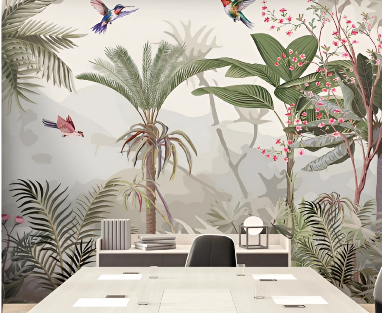 Office with tropical wallpaper