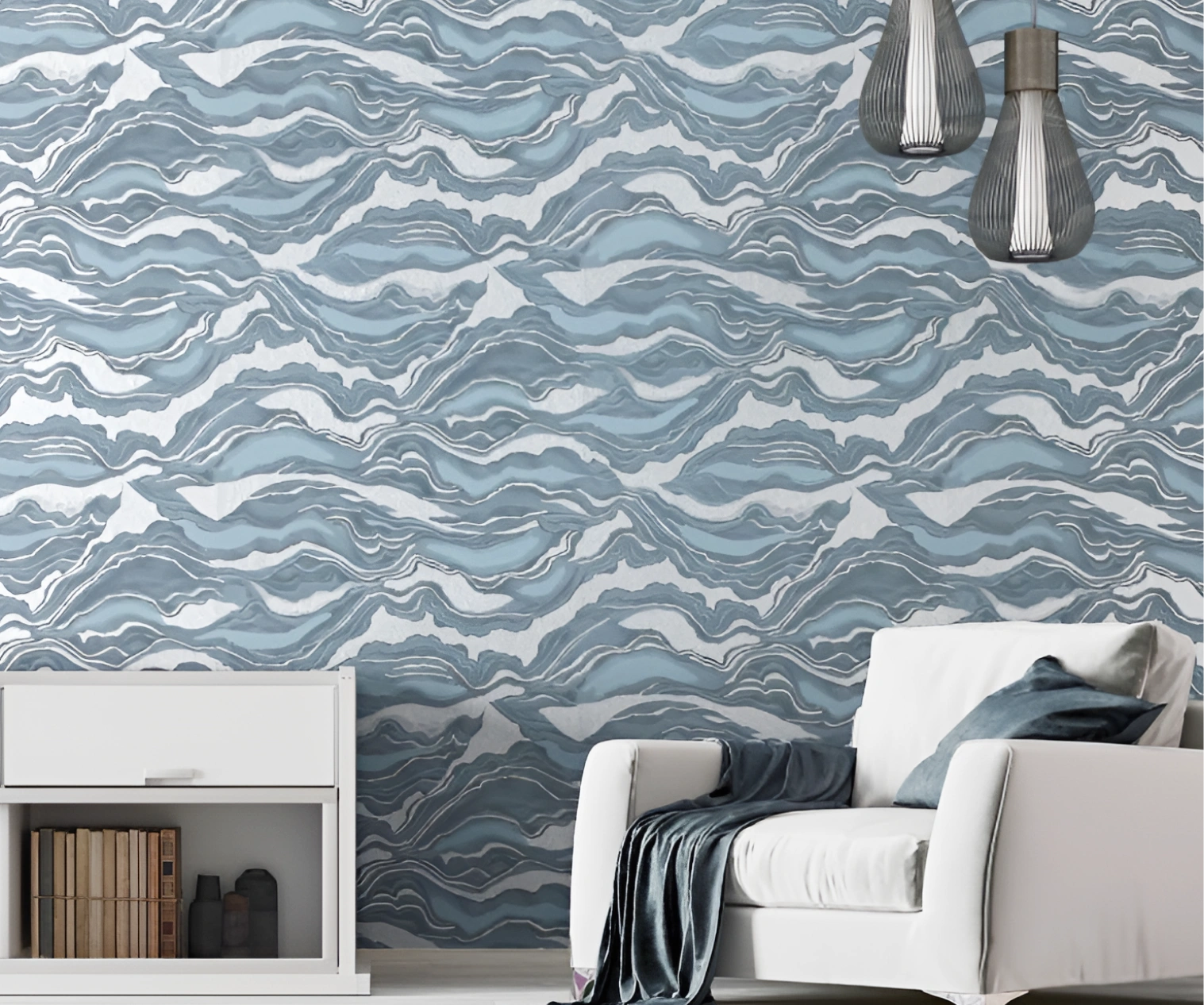 Blue Metallic Silver Wave Wallpaper at living room