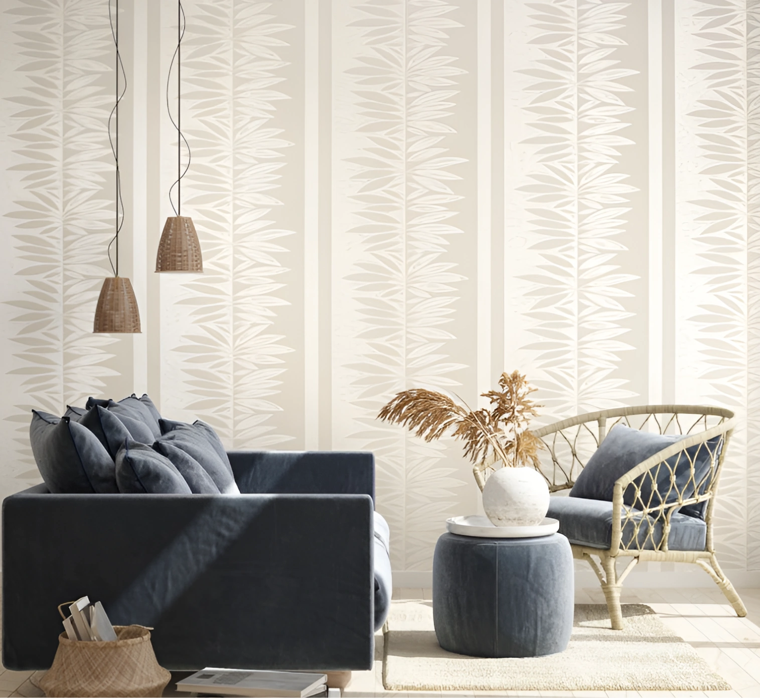 Elegant beige wallpaper at living room area