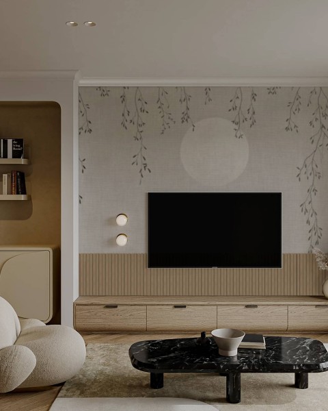 Light fluted panel with wallpaper, Honpo feature wall package