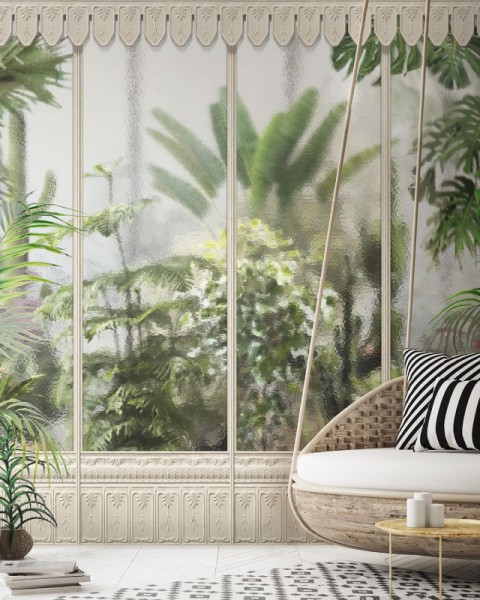 KOZIEL | Panoramic mural alabaster white winter garden greenhouse | LPV031-X