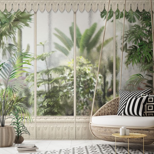 KOZIEL | Panoramic mural alabaster white winter garden greenhouse | LPV031-X