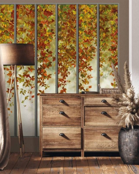 LPV054XL-X | Autumnal wide loft windows panoramic wall mural - Grey