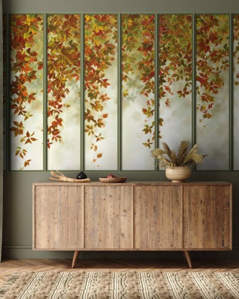 LPV056-X | Autumnal small loft windows panoramic wall mural - Sage green
