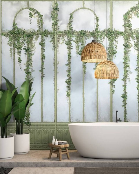 LPV058CL-X | Panoramic wallpaper sage green royal greenhouse covered with ivy