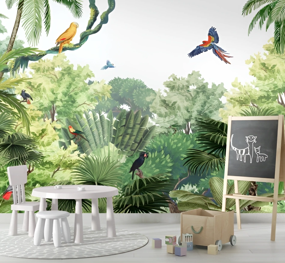 Stunning Kids room with Animal tropical Wallpaper Themed