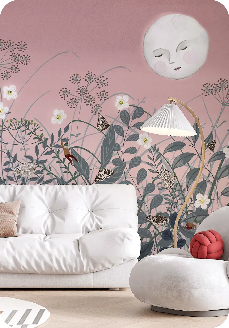Pink tropical and foliage wallpaper for living room