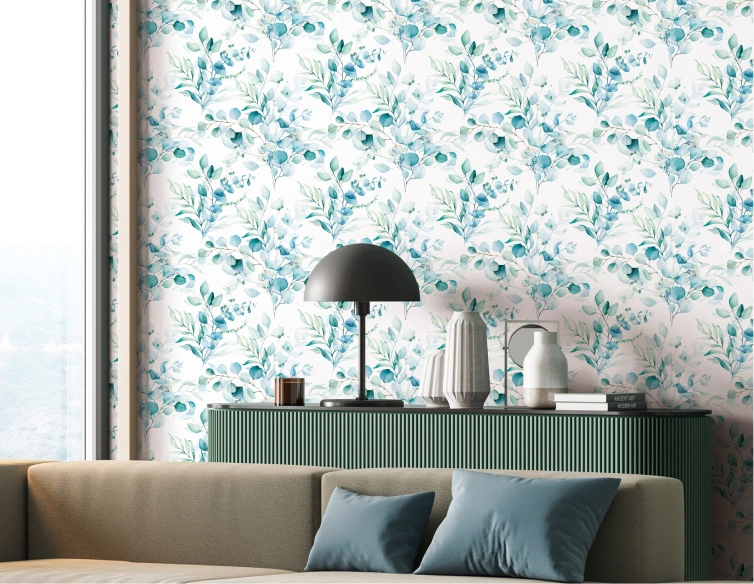 Blue leaf pattern wallpaper