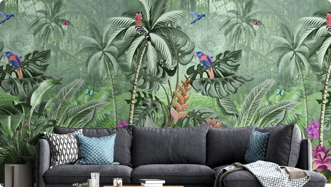 Tropical forest wallpaper look stunning at living room
