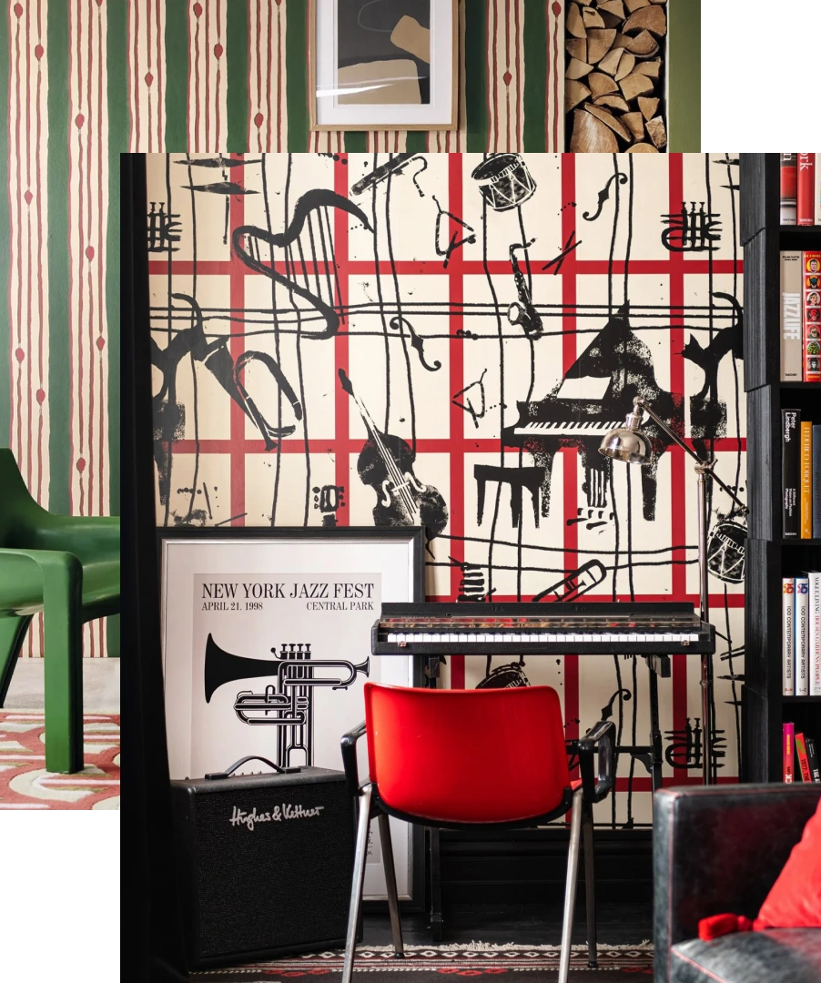 Abstract piano mural wallpaper with red and black wallpaper