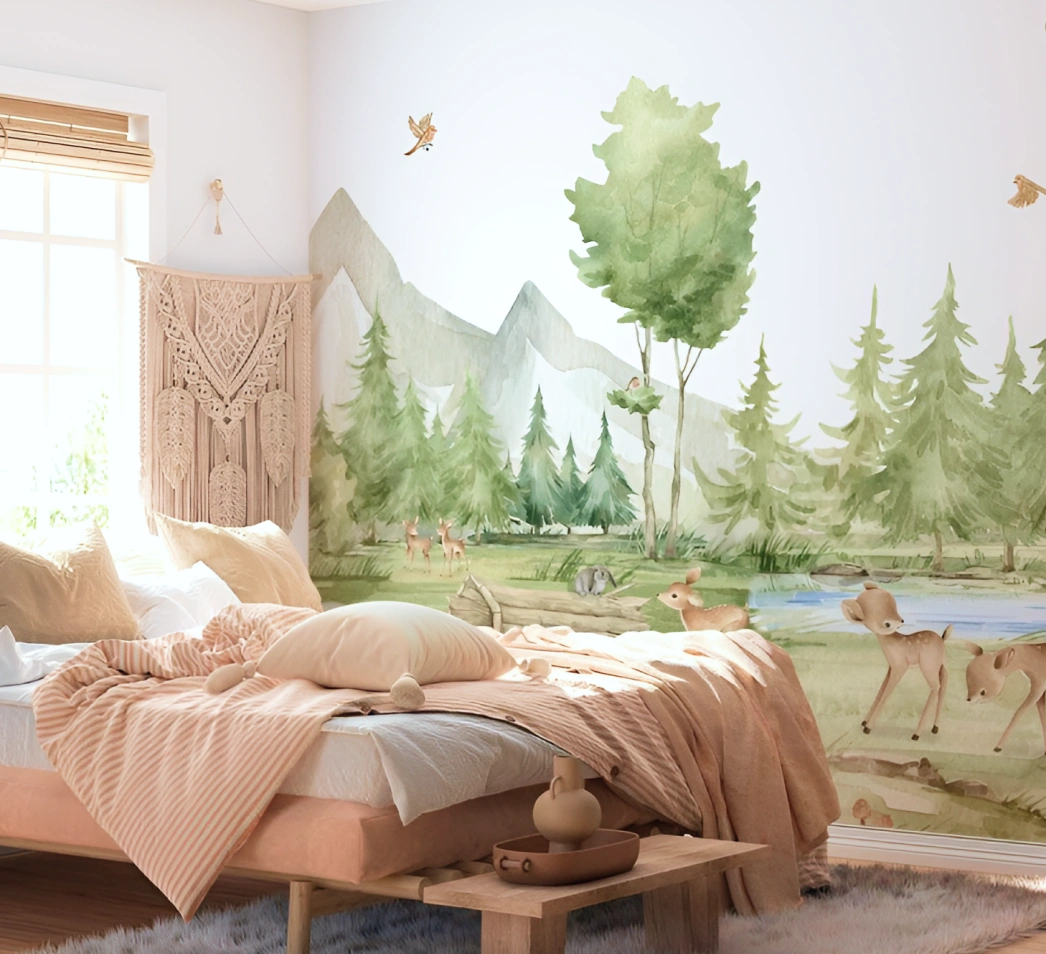 Mountain with Tropical themed wallpaper perfect for kids room