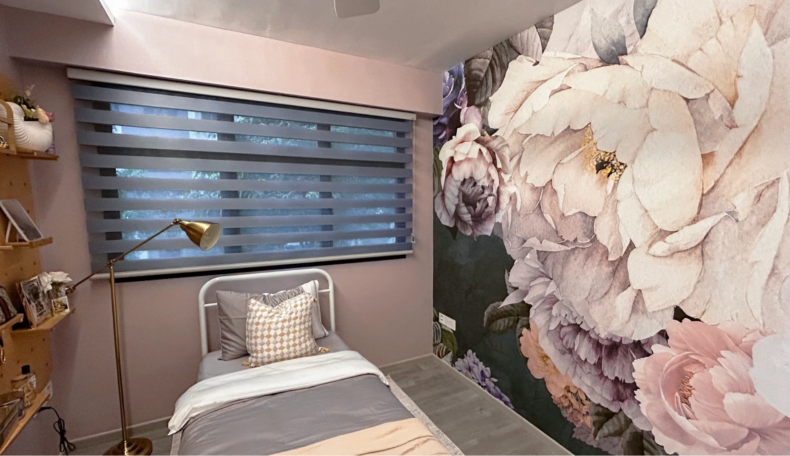 Bedroom makeover with big floral mural