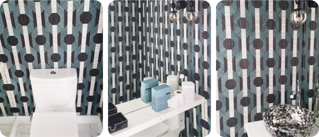 Toilet with geometric wallpaper detail