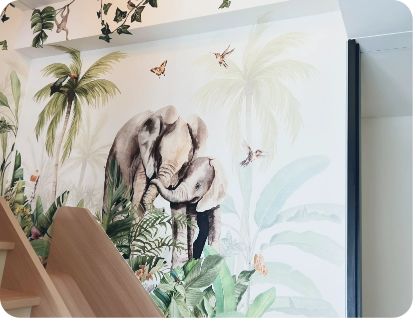 Look the stairs area with kids wall