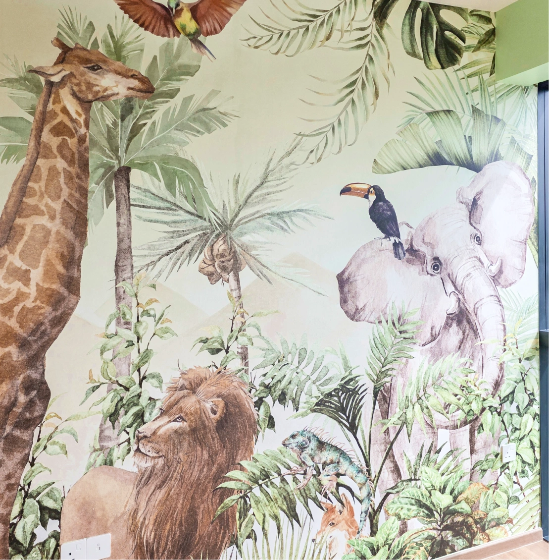 Kids bedroom with tropical animal wallpaper