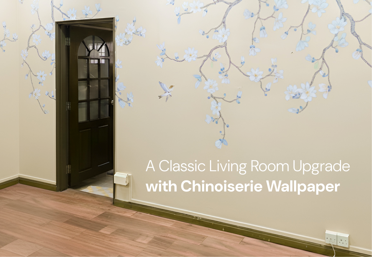 makeover living room using chinoiserie wallpaper