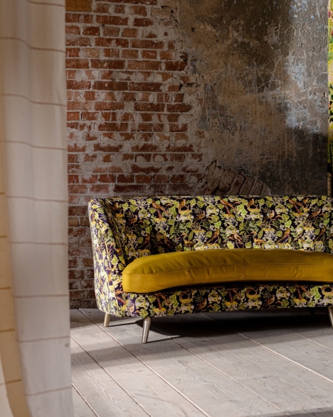 MINDTHEGAP | The Contemporary Capsule | VENICE SOFA | La Voliere Velvet and Yuzu Yellow Glossy Leather